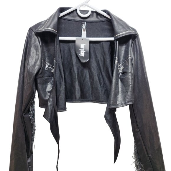 Forplay Womens Black Fringe Faux Leather Cropped Jacket Size L/XL - Picture 5 of 6